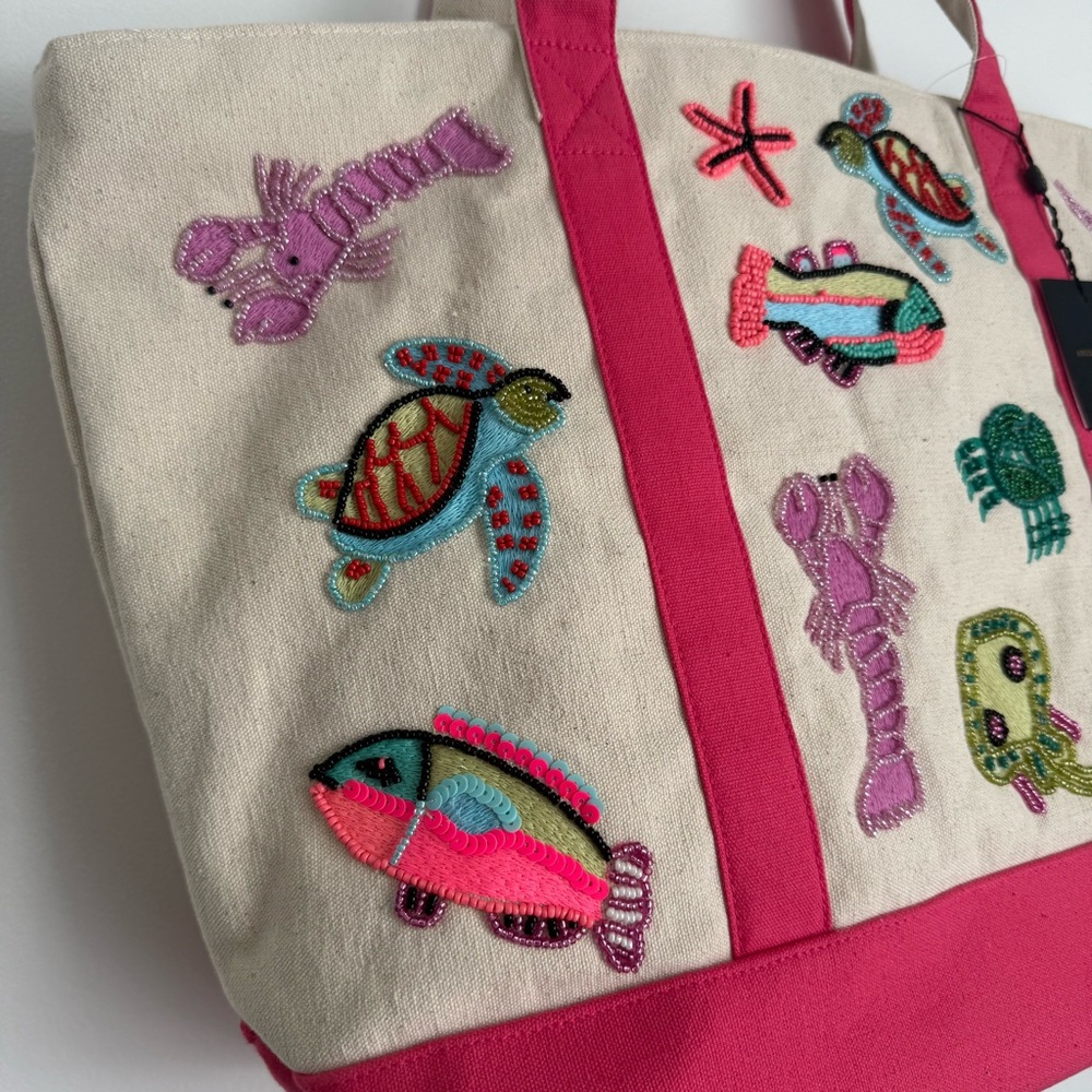 Underwater tales Pink and Cream Embroidered beaded Tote Bag boat bag - Picture 2 of 8